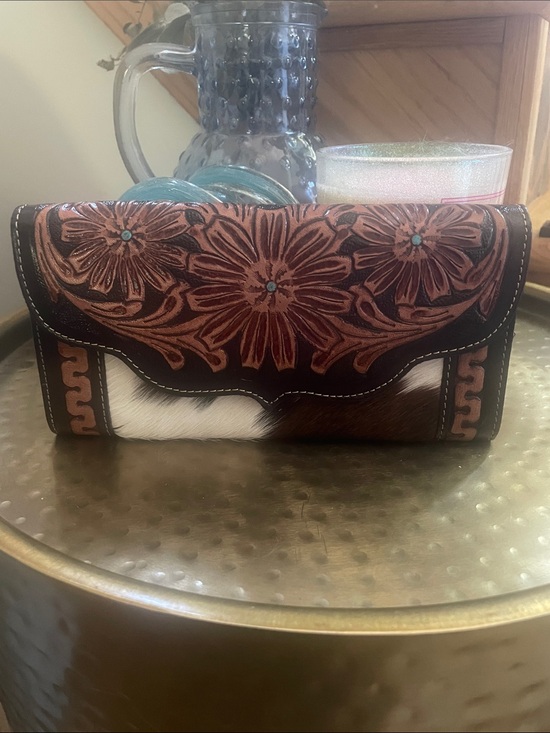 Source Unknown Handbags - Leather Pony Fur Clutch Wallet Purse Brown Turquoise Accent Beautiful